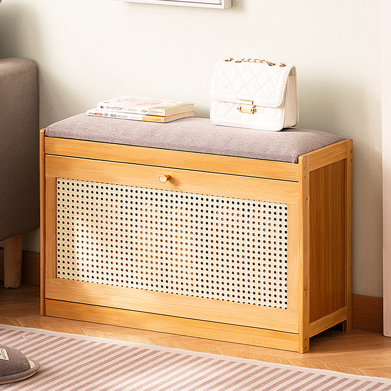 Traditional Japanese Bamboo ABS Linen Rectangular Ventilated Shoe Bench For Entryway & Living Room