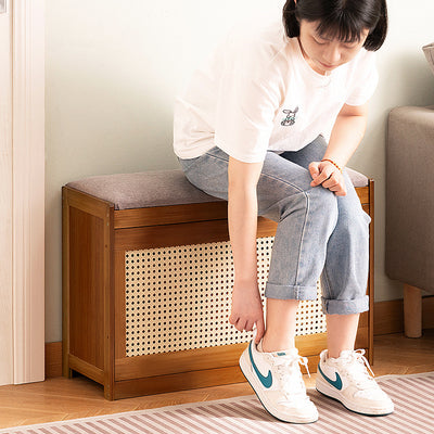 Traditional Japanese Bamboo ABS Linen Rectangular Ventilated Shoe Bench For Entryway & Living Room