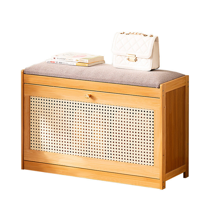 Traditional Japanese Bamboo ABS Linen Rectangular Ventilated Shoe Bench For Entryway & Living Room