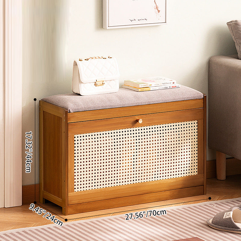 Traditional Japanese Bamboo ABS Linen Rectangular Ventilated Shoe Bench For Entryway & Living Room