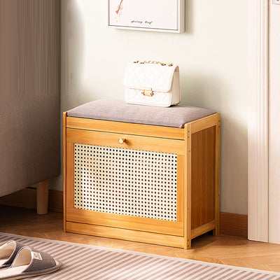 Traditional Japanese Bamboo ABS Linen Rectangular Ventilated Shoe Bench For Entryway & Living Room