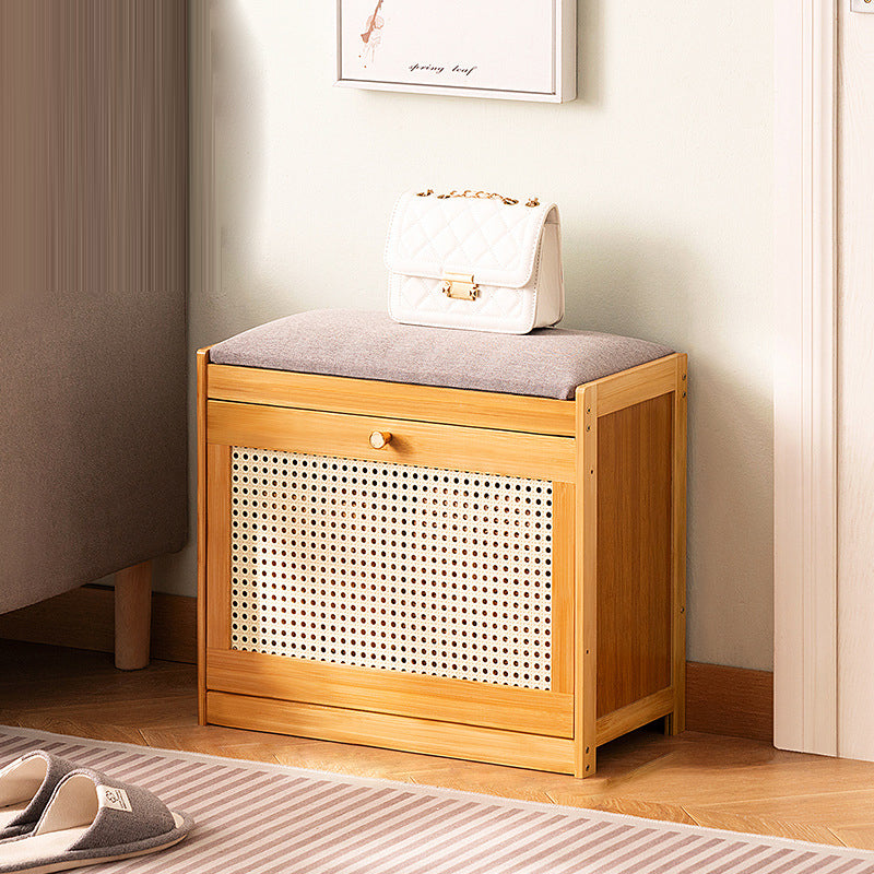 Traditional Japanese Bamboo ABS Linen Rectangular Ventilated Shoe Bench For Entryway & Living Room