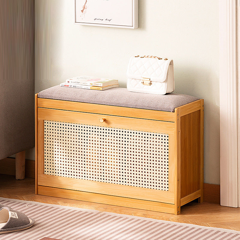 Traditional Japanese Bamboo ABS Linen Rectangular Ventilated Shoe Bench For Entryway & Living Room