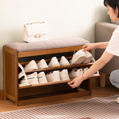 Traditional Japanese Bamboo ABS Linen Rectangular Ventilated Shoe Bench For Entryway & Living Room