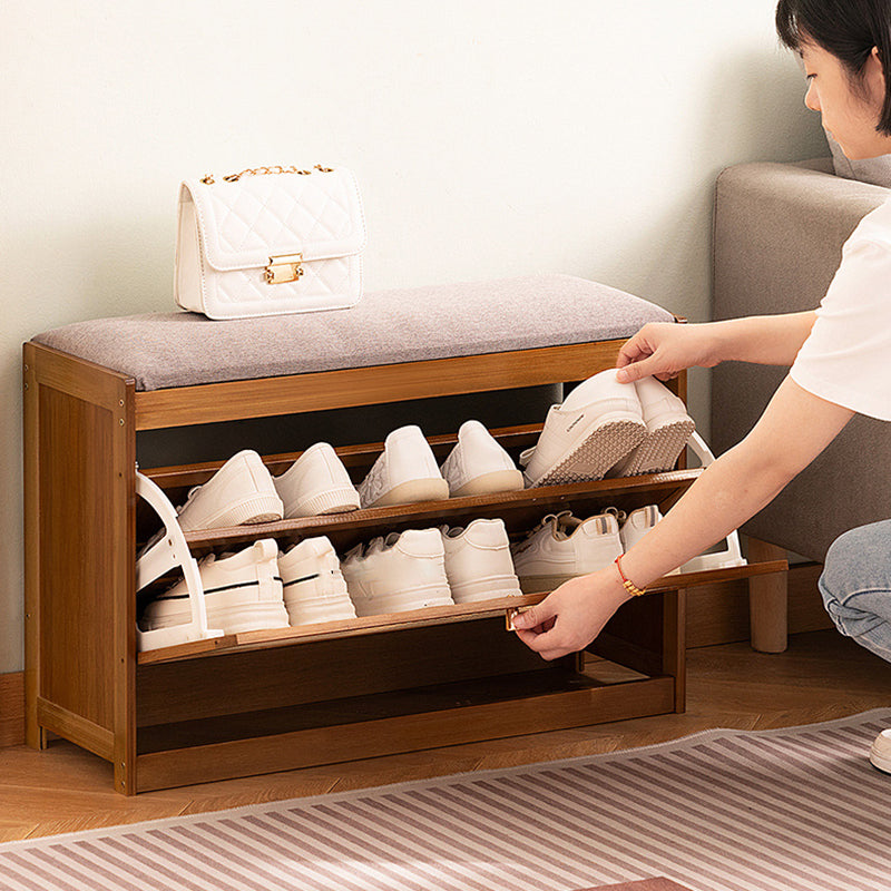 Traditional Japanese Bamboo ABS Linen Rectangular Ventilated Shoe Bench For Entryway & Living Room