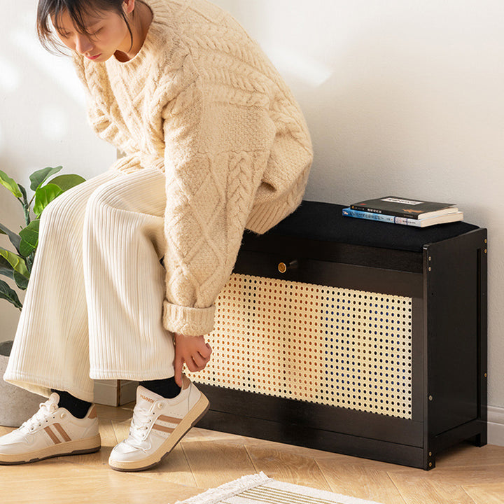 Banc à chaussures rectangulaire ventilé en bambou traditionnel japonais ABS en lin pour entrée et salon 