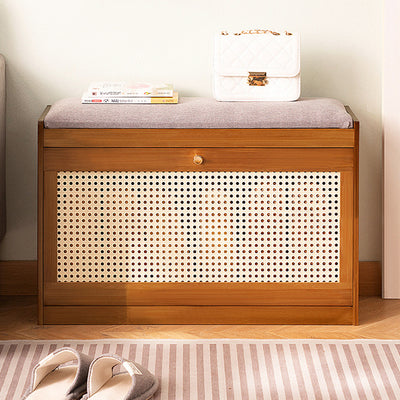 Traditional Japanese Bamboo ABS Linen Rectangular Ventilated Shoe Bench For Entryway & Living Room