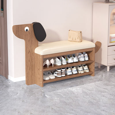 Contemporary Creative Oil Wax Leather Bamboo Dog-Shaped Rectangular Shoe Bench 1/2-Tier For Living Room