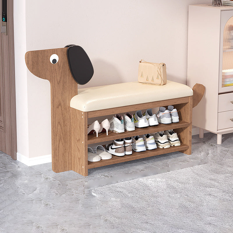 Contemporary Creative Oil Wax Leather Bamboo Dog-Shaped Rectangular Shoe Bench 1/2-Tier For Living Room