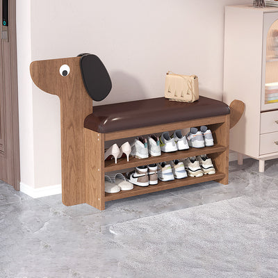 Contemporary Creative Oil Wax Leather Bamboo Dog-Shaped Rectangular Shoe Bench 1/2-Tier For Living Room