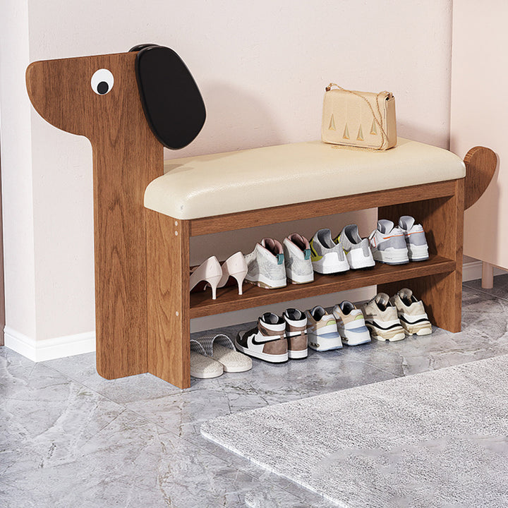 Banco de zapatos rectangular contemporáneo creativo de cuero sintético encerado con forma de perro de bambú de 1/2 nivel para sala de estar 