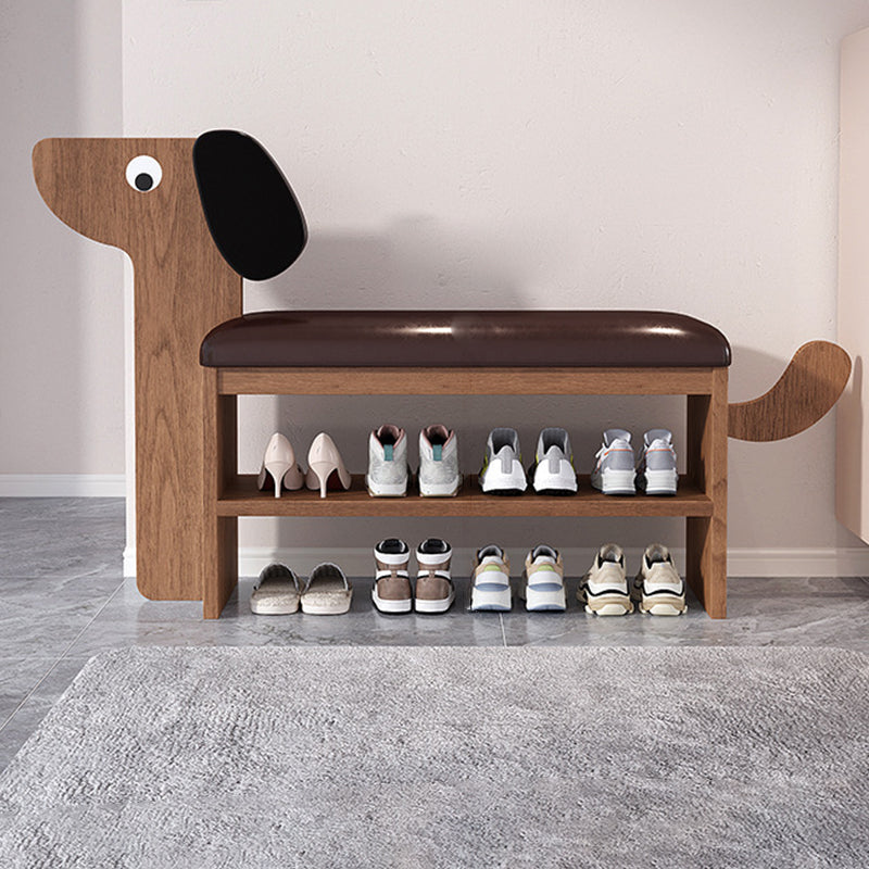 Banco de zapatos rectangular contemporáneo creativo de cuero sintético encerado con forma de perro de bambú de 1/2 nivel para sala de estar 