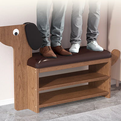 Contemporary Creative Oil Wax Leather Bamboo Dog-Shaped Rectangular Shoe Bench 1/2-Tier For Living Room