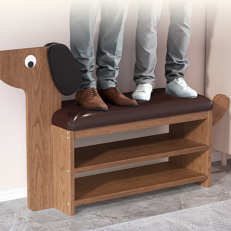 Contemporary Creative Oil Wax Leather Bamboo Dog-Shaped Rectangular Shoe Bench 1/2-Tier For Living Room