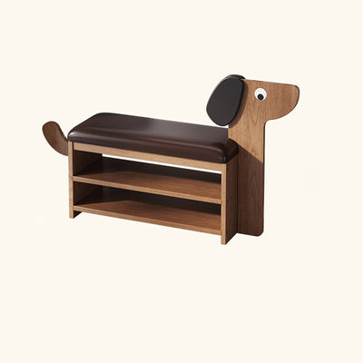 Contemporary Creative Oil Wax Leather Bamboo Dog-Shaped Rectangular Shoe Bench 1/2-Tier For Living Room