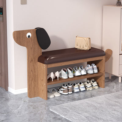 Contemporary Creative Oil Wax Leather Bamboo Dog-Shaped Rectangular Shoe Bench 1/2-Tier For Living Room