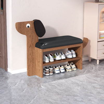 Contemporary Creative Oil Wax Leather Bamboo Dog-Shaped Rectangular Shoe Bench 1/2-Tier For Living Room