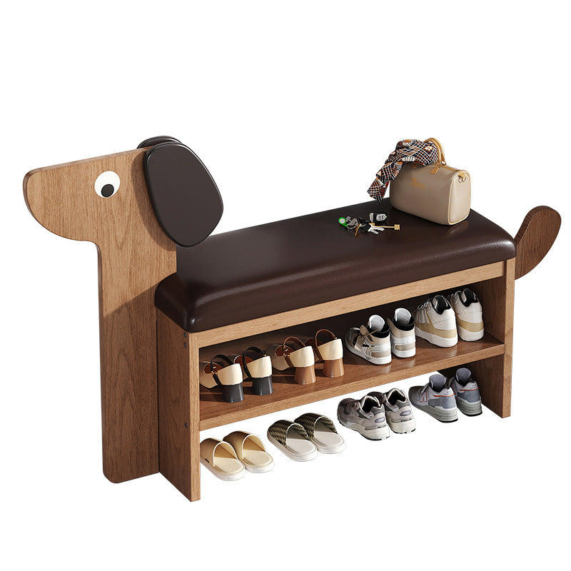 Contemporary Creative Oil Wax Leather Bamboo Dog-Shaped Rectangular Shoe Bench 1/2-Tier For Living Room
