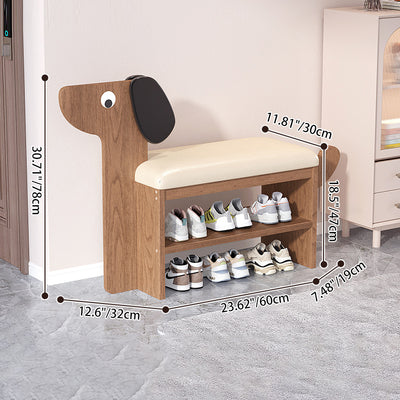 Contemporary Creative Oil Wax Leather Bamboo Dog-Shaped Rectangular Shoe Bench 1/2-Tier For Living Room