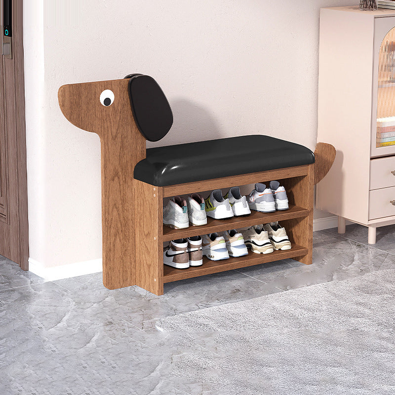 Contemporary Creative Oil Wax Leather Bamboo Dog-Shaped Rectangular Shoe Bench 1/2-Tier For Living Room