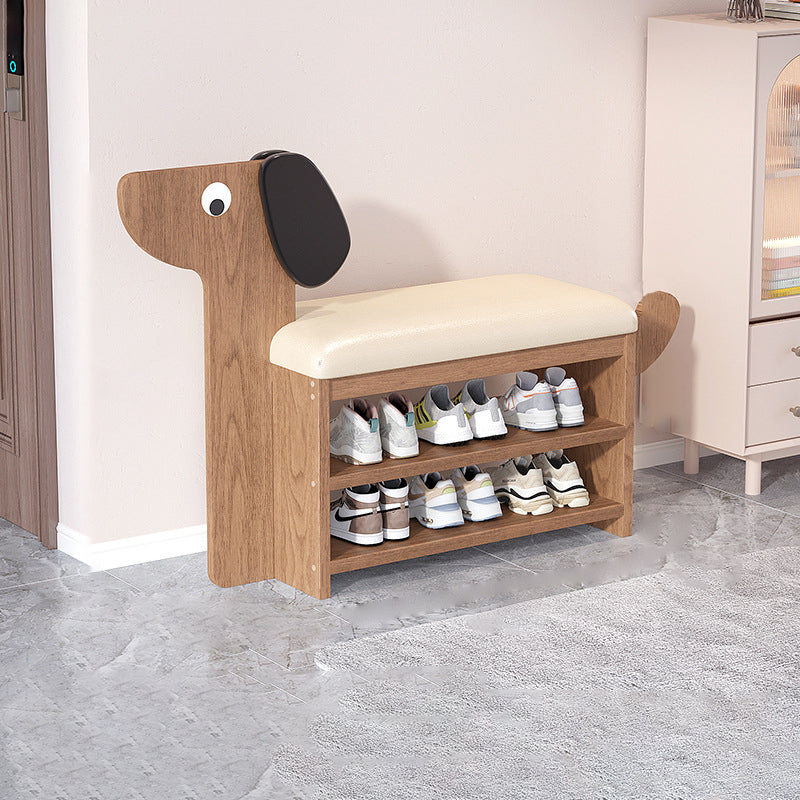 Contemporary Creative Oil Wax Leather Bamboo Dog-Shaped Rectangular Shoe Bench 1/2-Tier For Living Room