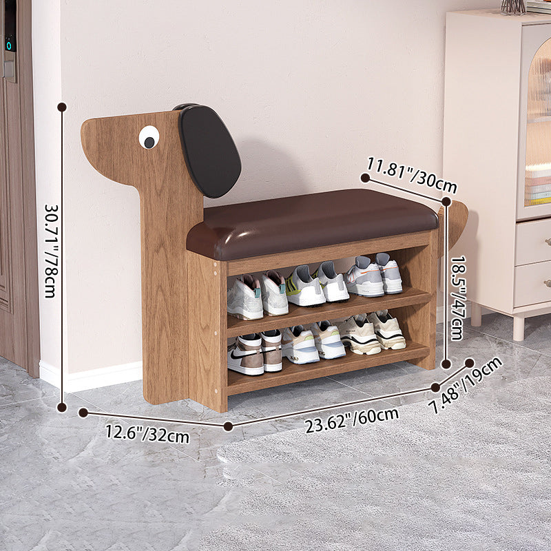 Contemporary Creative Oil Wax Leather Bamboo Dog-Shaped Rectangular Shoe Bench 1/2-Tier For Living Room