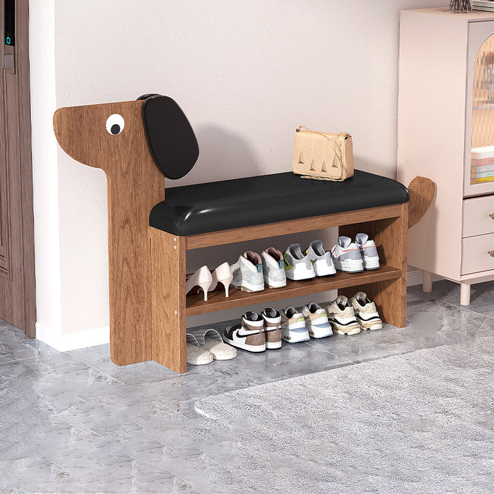 Banco de zapatos rectangular contemporáneo creativo de cuero sintético encerado con forma de perro de bambú de 1/2 nivel para sala de estar 