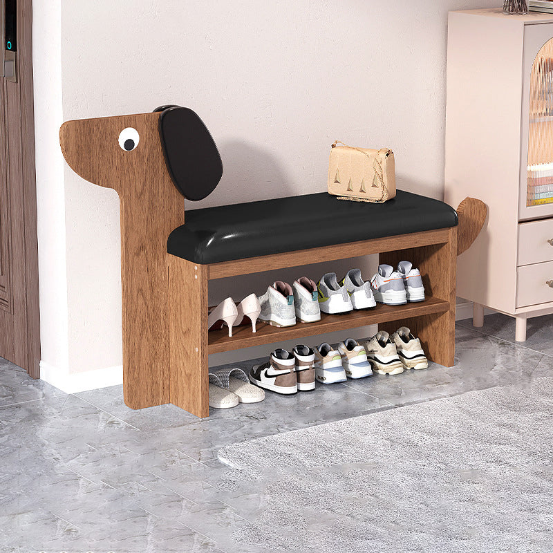 Contemporary Creative Oil Wax Leather Bamboo Dog-Shaped Rectangular Shoe Bench 1/2-Tier For Living Room