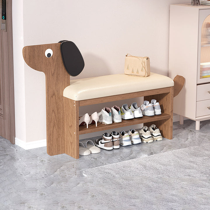 Banco de zapatos rectangular contemporáneo creativo de cuero sintético encerado con forma de perro de bambú de 1/2 nivel para sala de estar 