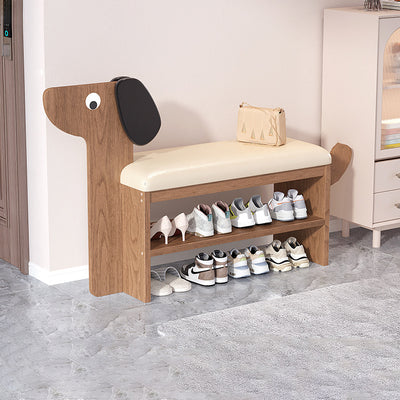 Contemporary Creative Oil Wax Leather Bamboo Dog-Shaped Rectangular Shoe Bench 1/2-Tier For Living Room