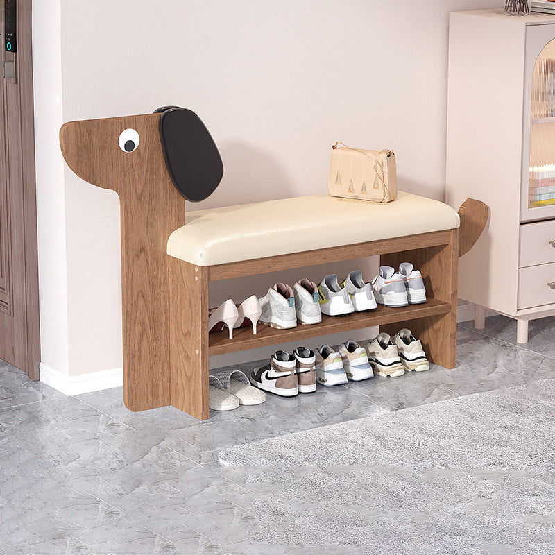 Contemporary Creative Oil Wax Leather Bamboo Dog-Shaped Rectangular Shoe Bench 1/2-Tier For Living Room
