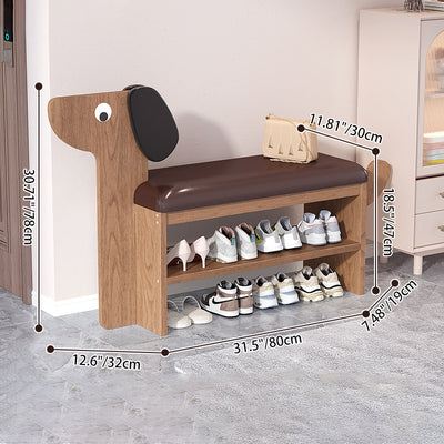 Contemporary Creative Oil Wax Leather Bamboo Dog-Shaped Rectangular Shoe Bench 1/2-Tier For Living Room
