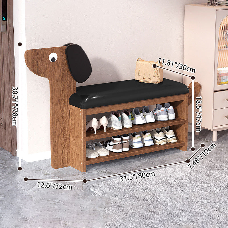 Contemporary Creative Oil Wax Leather Bamboo Dog-Shaped Rectangular Shoe Bench 1/2-Tier For Living Room