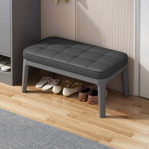 Zeitgenössische skandinavische PU-Leder-Massivholz-Rechteckgitter-gepolsterte Schuhbank für Flur & Wohnzimmer 
