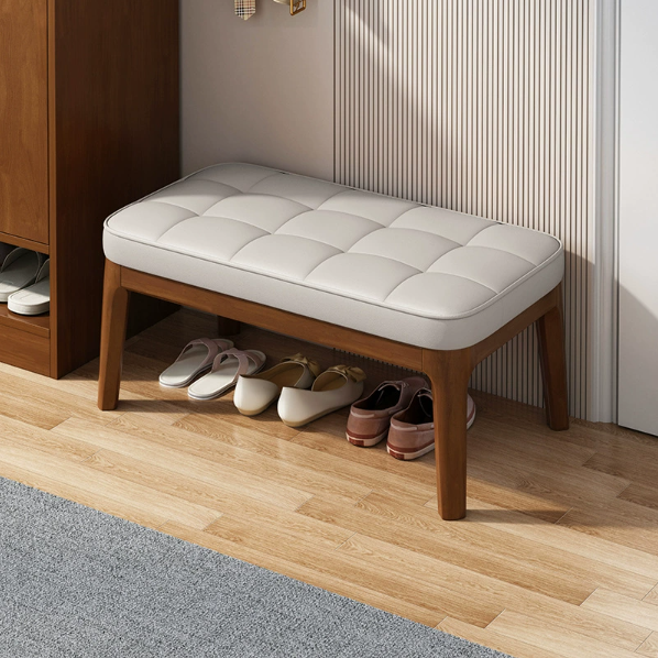 Zeitgenössische skandinavische PU-Leder-Massivholz-Rechteckgitter-gepolsterte Schuhbank für Flur & Wohnzimmer 