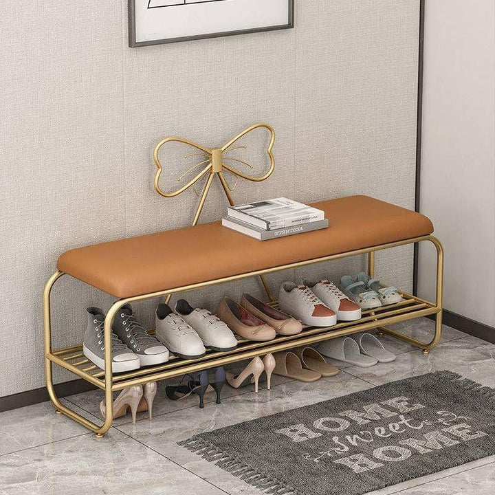 Rangement de chaussures rectangulaire en faux cuir créatif contemporain avec nœud en fer et 1 étagère pour entrée et salon 