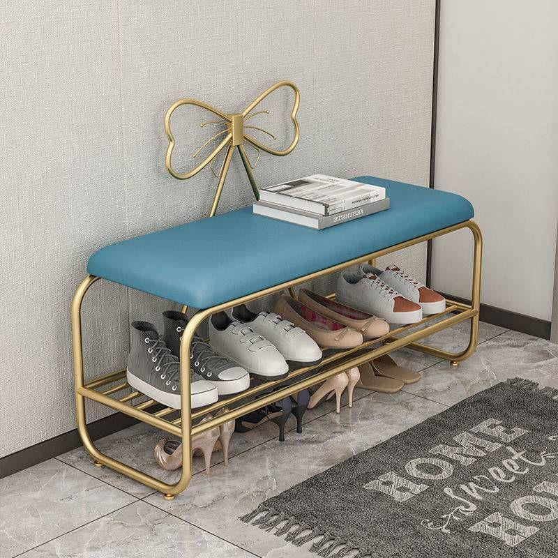Rangement de chaussures rectangulaire en faux cuir créatif contemporain avec nœud en fer et 1 étagère pour entrée et salon 