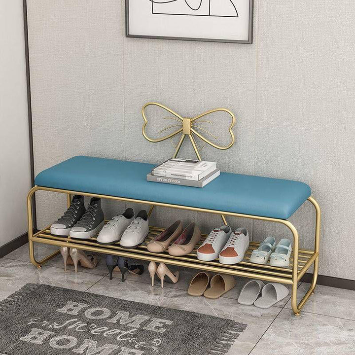 Rangement de chaussures rectangulaire en faux cuir créatif contemporain avec nœud en fer et 1 étagère pour entrée et salon 