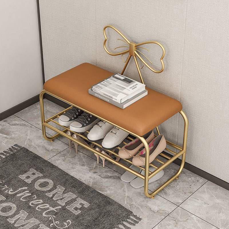 Rangement de chaussures rectangulaire en faux cuir créatif contemporain avec nœud en fer et 1 étagère pour entrée et salon 