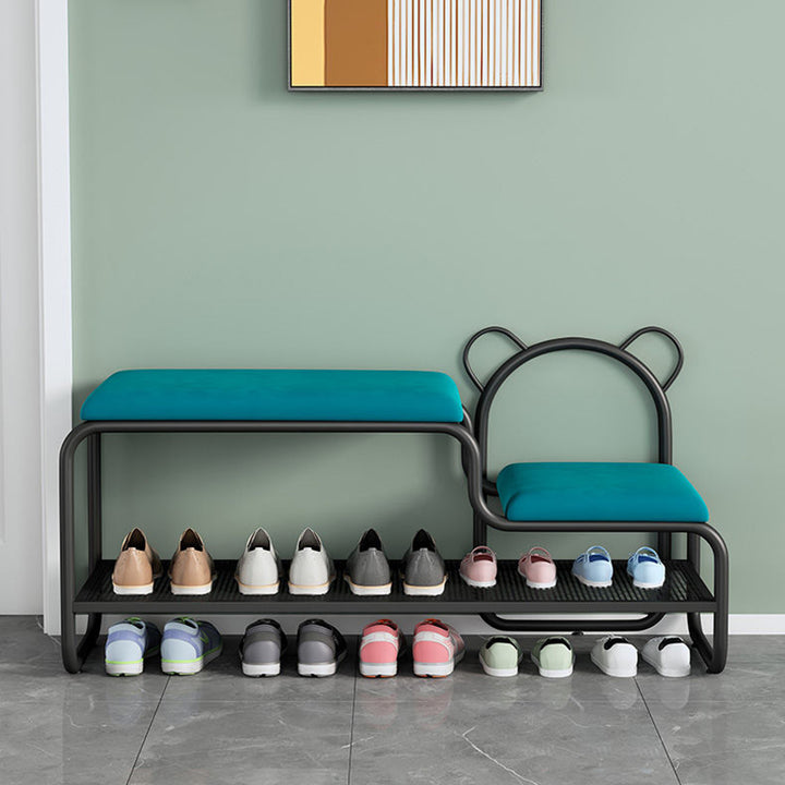 Contemporary Creative Velvet Iron Bear-Shaped Curved Rectangular Shoe Bench With Backrest For Entryway &amp; Living Room