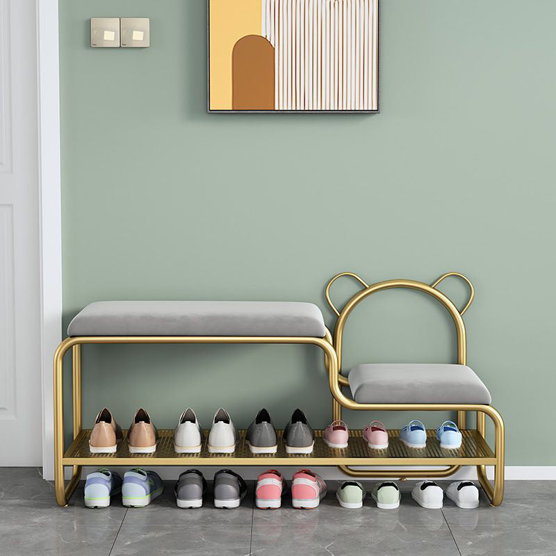 Contemporary Creative Velvet Iron Bear-Shaped Curved Rectangular Shoe Bench With Backrest For Entryway &amp; Living Room