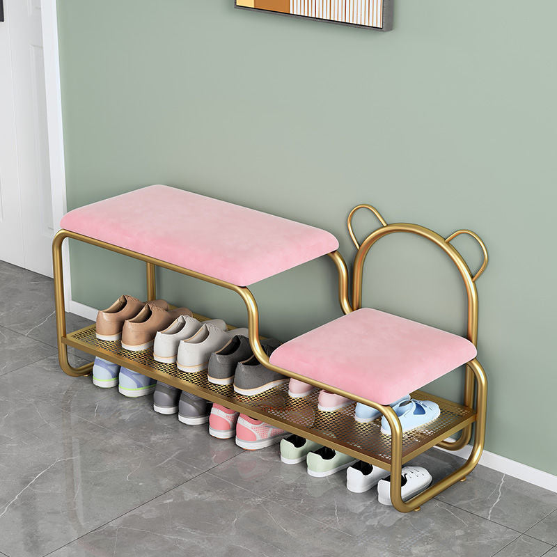 Contemporary Creative Velvet Iron Bear-Shaped Curved Rectangular Shoe Bench With Backrest For Entryway &amp; Living Room