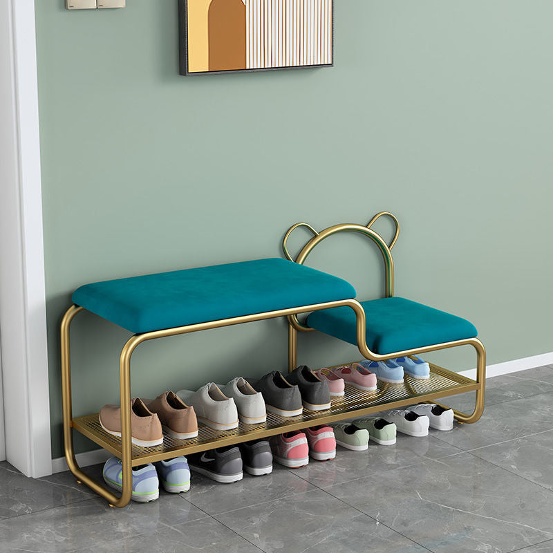 Contemporary Creative Velvet Iron Bear-Shaped Curved Rectangular Shoe Bench With Backrest For Entryway &amp; Living Room