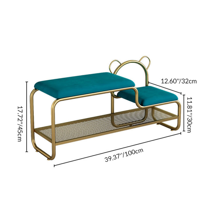 Contemporary Creative Velvet Iron Bear-Shaped Curved Rectangular Shoe Bench With Backrest For Entryway &amp; Living Room