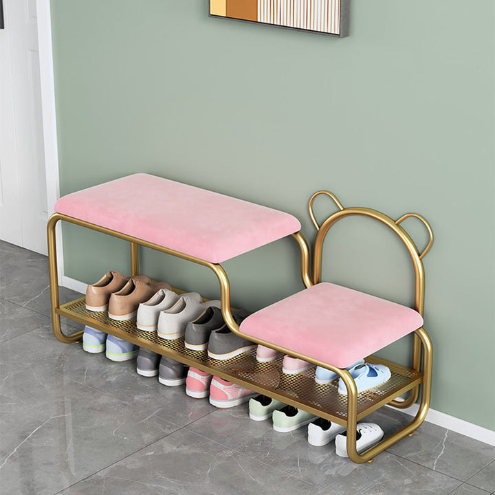 Contemporary Creative Velvet Iron Bear-Shaped Curved Rectangular Shoe Bench With Backrest For Entryway &amp; Living Room