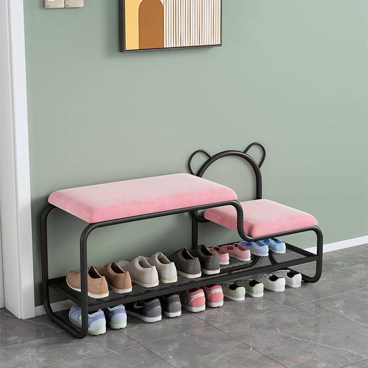 Contemporary Creative Velvet Iron Bear-Shaped Curved Rectangular Shoe Bench With Backrest For Entryway &amp; Living Room