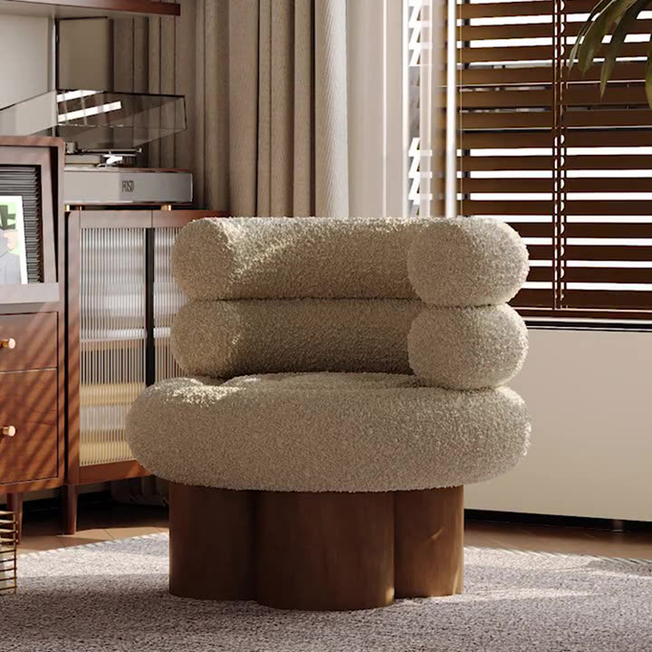 Traditioneller französischer Teddyfleece-Kohlenstoffstahl-Massivholz-gekrümmter runder zylindrischer Akzentstuhl mit Rückenlehne für das Wohnzimmer 