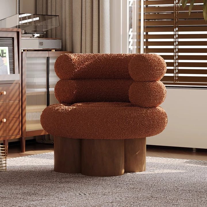 Traditioneller französischer Teddyfleece-Kohlenstoffstahl-Massivholz-gekrümmter runder zylindrischer Akzentstuhl mit Rückenlehne für das Wohnzimmer 