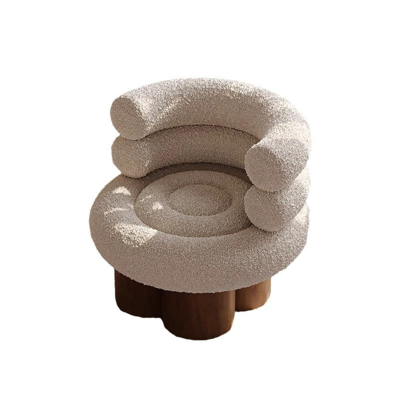 Traditioneller französischer Teddyfleece-Kohlenstoffstahl-Massivholz-gekrümmter runder zylindrischer Akzentstuhl mit Rückenlehne für das Wohnzimmer 