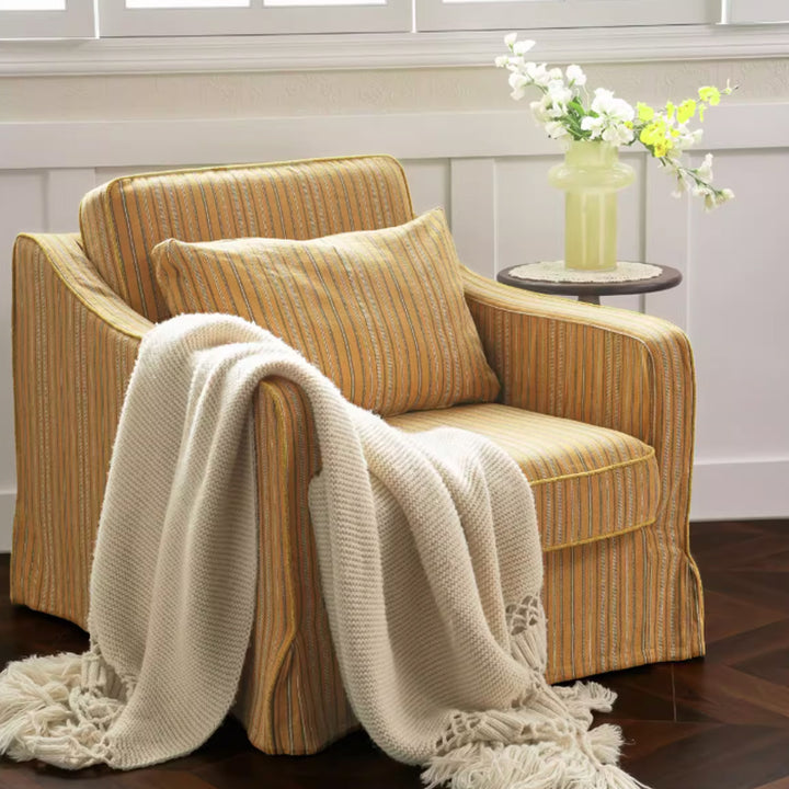 Chaise d'appoint en bois de bouleau avec motif à rayures dorées en coton et lin - Chaise de salon rétro minimaliste pour le salon 